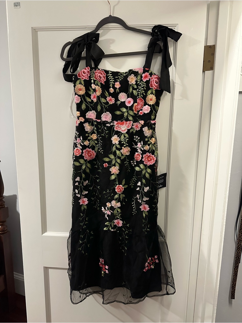 Lulu's Black Midi Dress with Pink and Green Floral Embroidery